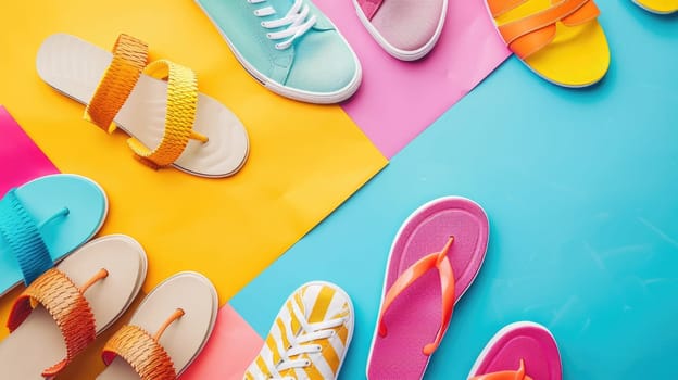 There is a variety of shoes and sandals displayed on a colorful background, including walking shoes, outdoor shoes, and electric blue and orange sandals. The vibrant display is like a work of art AIG50