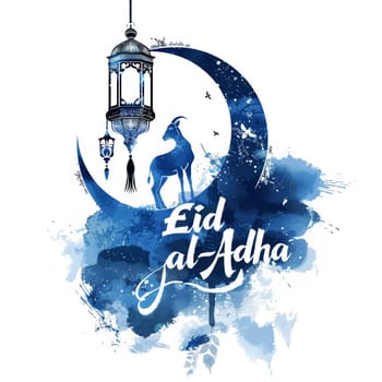 A captivating Eid al-Adha greeting card showcasing a lantern, goat silhouette, and crescent in a vivid blue watercolor style, perfect for festive occasions