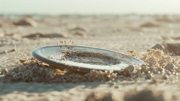 A pocket watch rests on the sandy beach, surrounded by the natural landscape of water, wood, rocks, and grass, creating a picturesque scene AIG50