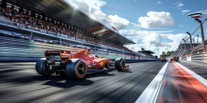 Racing car moving at high speed along racetrack with high speed and smoke. Racing car, propelled by the immense power of engine, hurtles down racetrack with incredible slicing through the air. AIG42.