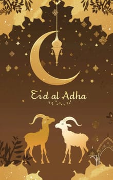 An elegant Eid al-Adha greeting card adorned with a crescent moon, hanging lantern, and goats in golden tones against a starry backdrop