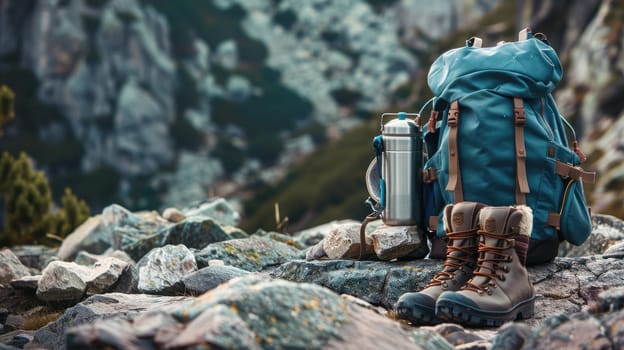 Hiking boots and gear ready for an outdoor adventure, set against a rocky terrain. AIG50