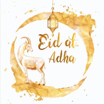 An elegant Eid al-Adha greeting card depicting a golden goat and hanging lantern within a watercolor circle, symbolizing celebration