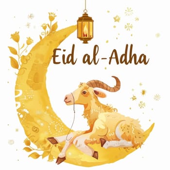 A whimsical and cheerful depiction of a sheep beneath a golden moon for Eid al-Adha, evoking a sense of joy and festivity