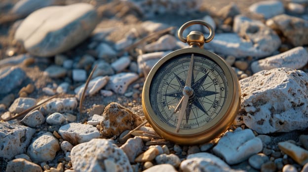 A compass rests on a stack of rocks amid natural materials like soil and wood. The electric blue water surrounds the landscape, home to marine biology like molluscs in the circle of life AIG50
