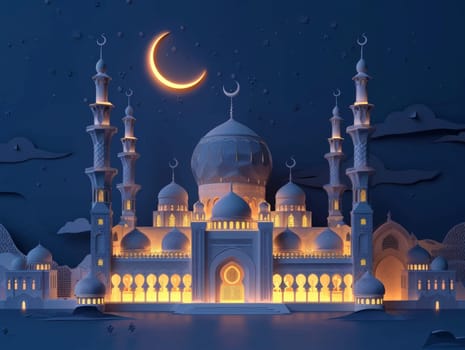 Artistic paper cutout design of a mosque with glowing archways under a waxing crescent and twilight sky, symbolizing calmness