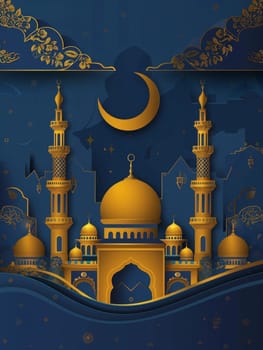 A luxurious Eid card design with a blue and gold mosque and crescent moon, adorned with intricate floral patterns in a celebratory theme