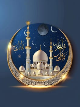 A captivating night scene for Eid featuring a mosque with a golden dome against a dark sky with stars and traditional arabic calligraphy