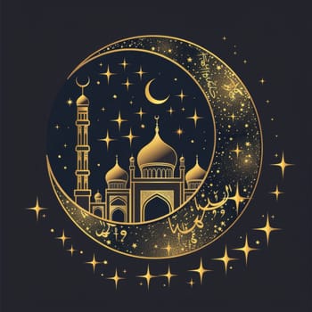 An artistic representation of a mosque encased in a golden crescent, surrounded by a star-filled night sky in a captivating dark background