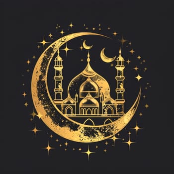 A mosque silhouette sits within a shimmering golden crescent, set against a dark sky sprinkled with stars, symbolizing the holy night