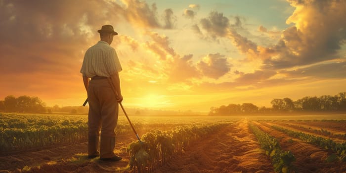 Portrait of skilled farmer standing at rice field sunset with golden ray. Smart agricultural people or researcher checking his crop while standing at farm. Agriculture sustainable concept. AIG42.
