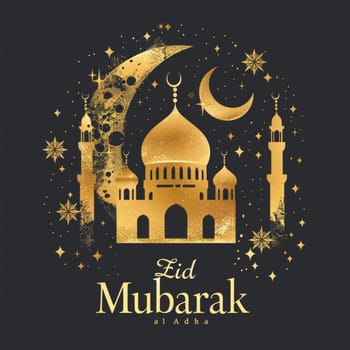 A festive Eid card capturing a golden mosque and shimmering crescent set against a star-filled night backdrop