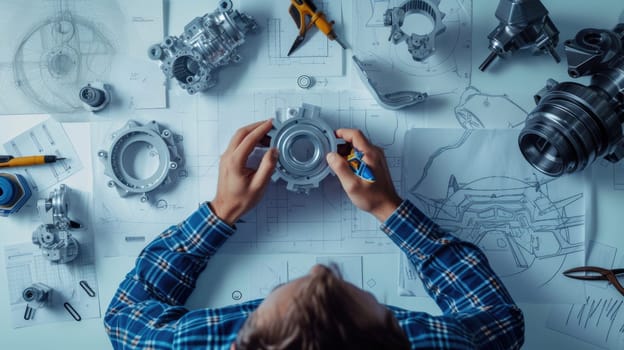 Close up of smart mechanic or technician hands designing and inventing vehicle part by using technology innovation. Skilled mechanical engineer planning and writing blueprint and motor design. AIG42.