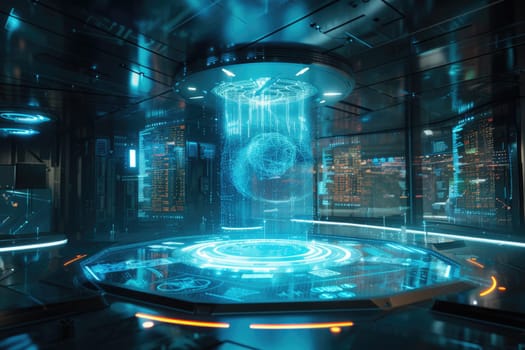 Hologram of financial marketing data display at futuristic data center with neon color while using data analysis from connecting with global networking communication. Technology innovation. AIG42.