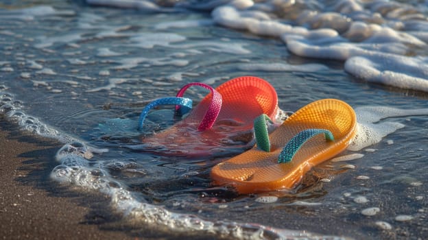 A pair of flip flops rests on the sandy beach, with waves crashing nearby. The tranquil scene is a perfect blend of water, wind, and natural landscape AIG50