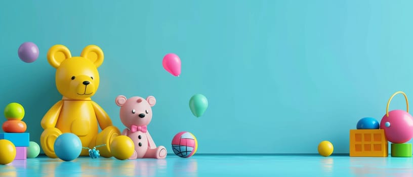 A bright playroom scene featuring colorful toys, including a large yellow teddy bear, balls, and floating balloons on a teal background