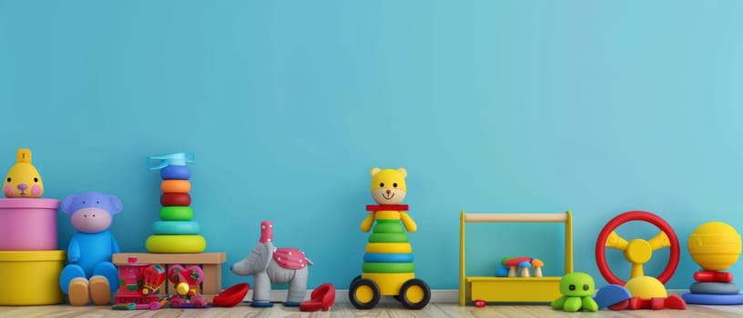 A collection of playful childrens toys arranged on a bright blue background, highlighting vibrant colors and whimsical shapes