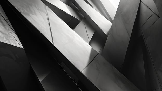 A black and white abstract geometric background with various triangle shapes in different sizes arranged in a way that creates a sense of depth, dynamic and movement with gray shade. Abstract. AIG42.