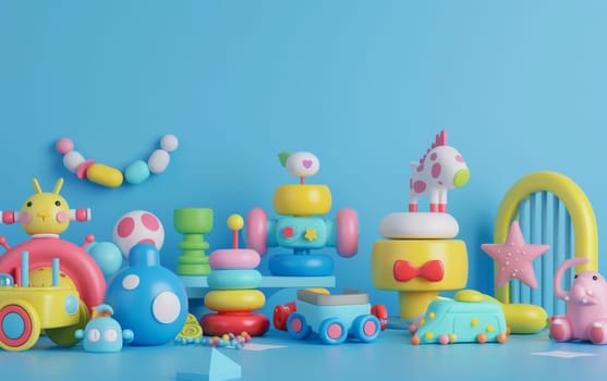 A vibrant array of childrens toys set against a soft blue background, highlighting shapes, colors, and various playful designs