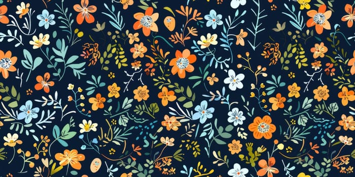 A seamless pattern of small-scale floral motifs including pansies, cornflowers, poppies, and forget-me-nots in a repeat. AIG51A.