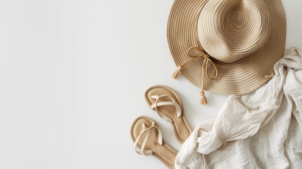 A stylish hat and scarf lay beside a pair of flip flops and a palm leaf on a wooden bed. The circle shape of the hat adds a fashionable touch to the peachcolored room AIG50