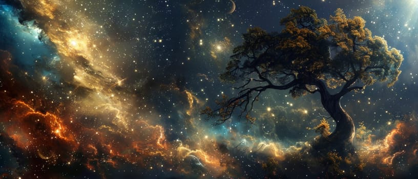 A mesmerizing tableau of a timeless tree against a backdrop of galactic splendor, glowing with stellar formations and cosmic clouds