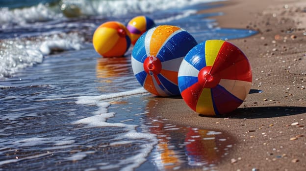 Three colorful beach balls are scattered on the sandy shore, inviting people to enjoy leisure and fun by the water. A perfect scene for a beach event or recreational activity AIG50