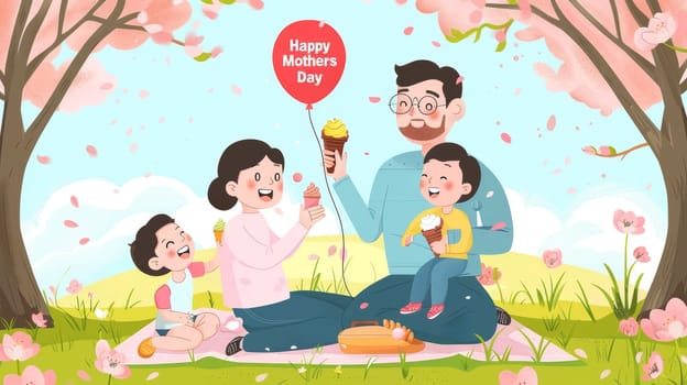 A joyful cartoon family celebrates Mothers Day outdoors, surrounded by blooming trees and petals, with children holding ice creams and a Happy Mothers Day balloon flying above