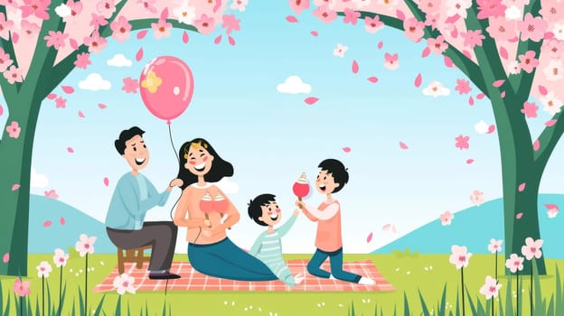 A vibrant illustration showcases a familys picnic celebration with children presenting a heart-shaped balloon to their mother under cherry blossoms