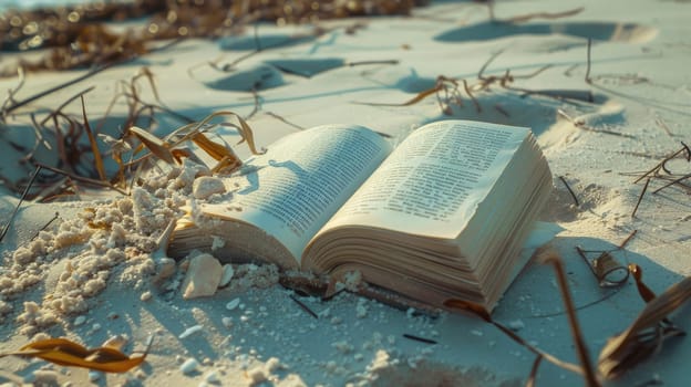 An art book floats through the windy sky above the sandy beach, blending with the clouds and water, creating a beautiful natural landscape AIG50