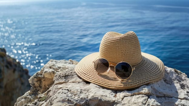 A straw hat and sunglasses rest on a rock by the ocean, offering a scenic view of the water, sky, and horizon. A perfect spot for leisure and travel AIG50