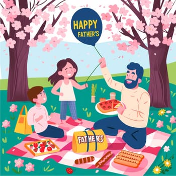 An endearing illustration of a family celebrating Fathers Day with a picnic under cherry blossoms