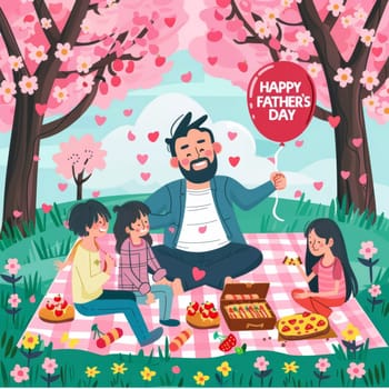 A colorful depiction of a family enjoying an outdoor feast with a festive atmosphere for Fathers Day