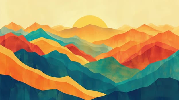 A vibrant painting of a mountain range with the sun shining through the orangetinted mountains, showcasing creative use of tints and shades and triangular shapes AIG50