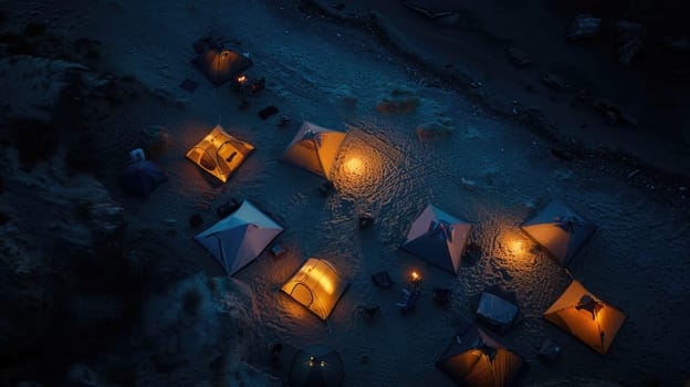 A captivating aerial view of a beach at night with a string of lanterns illuminating the waters edge, creating a magical atmosphere under the cover of darkness AIG50