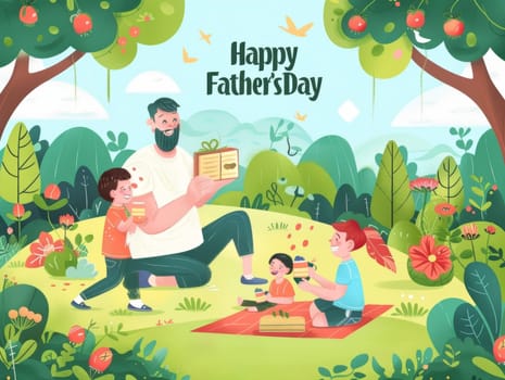 A charming illustration depicting a father reading a book to his children during a picnic, surrounded by a lush green forest