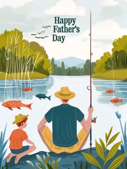 An illustration of a father and child enjoying a serene fishing experience on Fathers Day by a forest-lined lake with playful fishes and birds