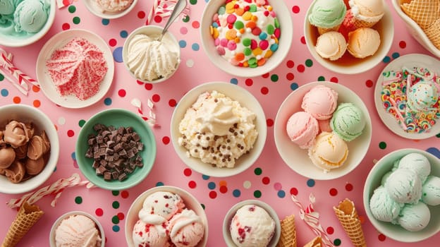 A pink table topped with bowls of candy and ice cream cones a delightful display of cuisine and recreation with magenta accents AIG50