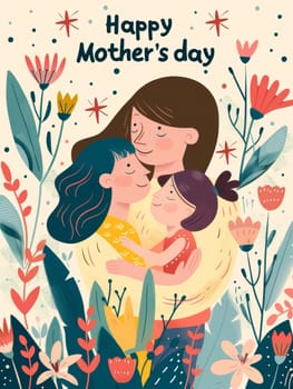 A tender moment between a mother and her daughter surrounded by whimsical flowers and decorative elements, celebrating Mothers Day