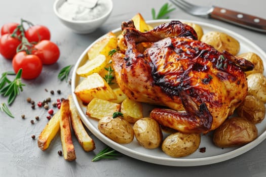 roast chicken with potatoes and rosemary on a plate AIG51A.