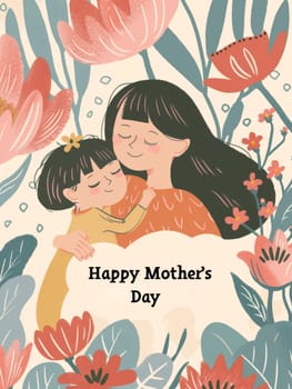 A heartwarming illustration of a mother and child sharing an embrace, surrounded by stylized floral patterns and the greeting Happy Mothers Day
