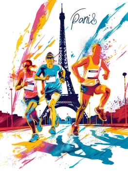 Vibrant illustration of marathon runners with the iconic Eiffel Tower in the background, showcasing the energy of a Parisian race