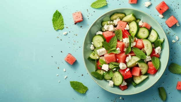 A refreshing salad featuring watermelon, cucumbers, feta cheese, and mint, served on a vibrant blue background. This dish combines fresh ingredients to create a colorful and delicious cuisine staple AIG50