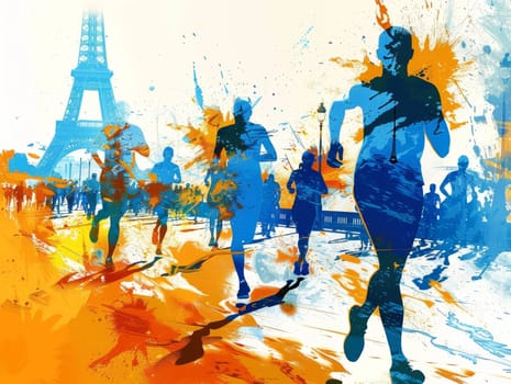 Abstract illustration featuring silhouette runners in a marathon with a splattered paint effect and the Eiffel Tower in the backdrop