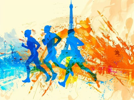An artistic depiction of marathon runners in motion, set against the iconic Eiffel Tower and Paris skyline, awash in splashes of bold color