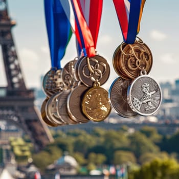 An array of prestigious medals displayed with the Eiffel Tower as a backdrop, symbolizing athletic triumph in Paris