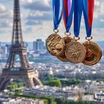Close-up of gold, silver, and bronze medals against the Eiffel Tower, a testament to the spirit of competition in Paris
