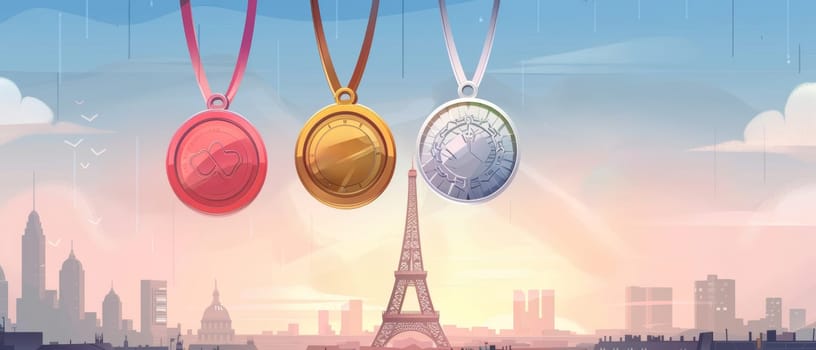 An illustration of three distinct medals, symbolizing honor and achievement, set against a serene Parisian skyline with the Eiffel Tower at dawn