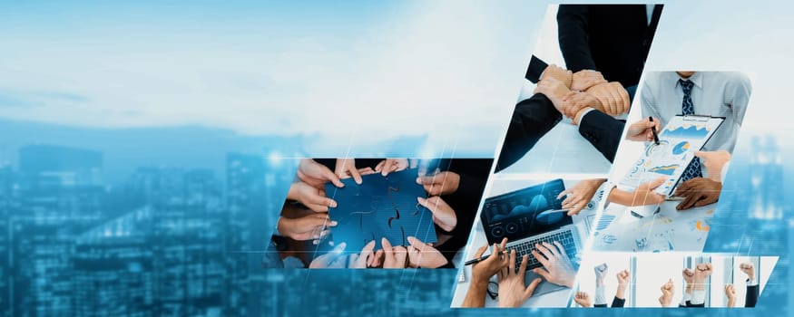 Teamwork and human resources HR management technology concept in corporate business with people group networking to support partnership, trust, teamwork and unity of coworkers in office kudos