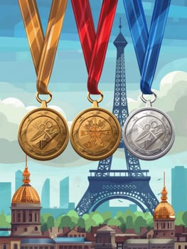 Colorful illustration showcasing a trio of medals with an iconic Eiffel Tower backdrop, evoking a sense of triumph and Parisian pride